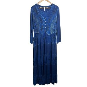 24‎ Karat Vintage Embroidered Floral Maxi Dress Size L/XL Boho Cottagecore Gypsy